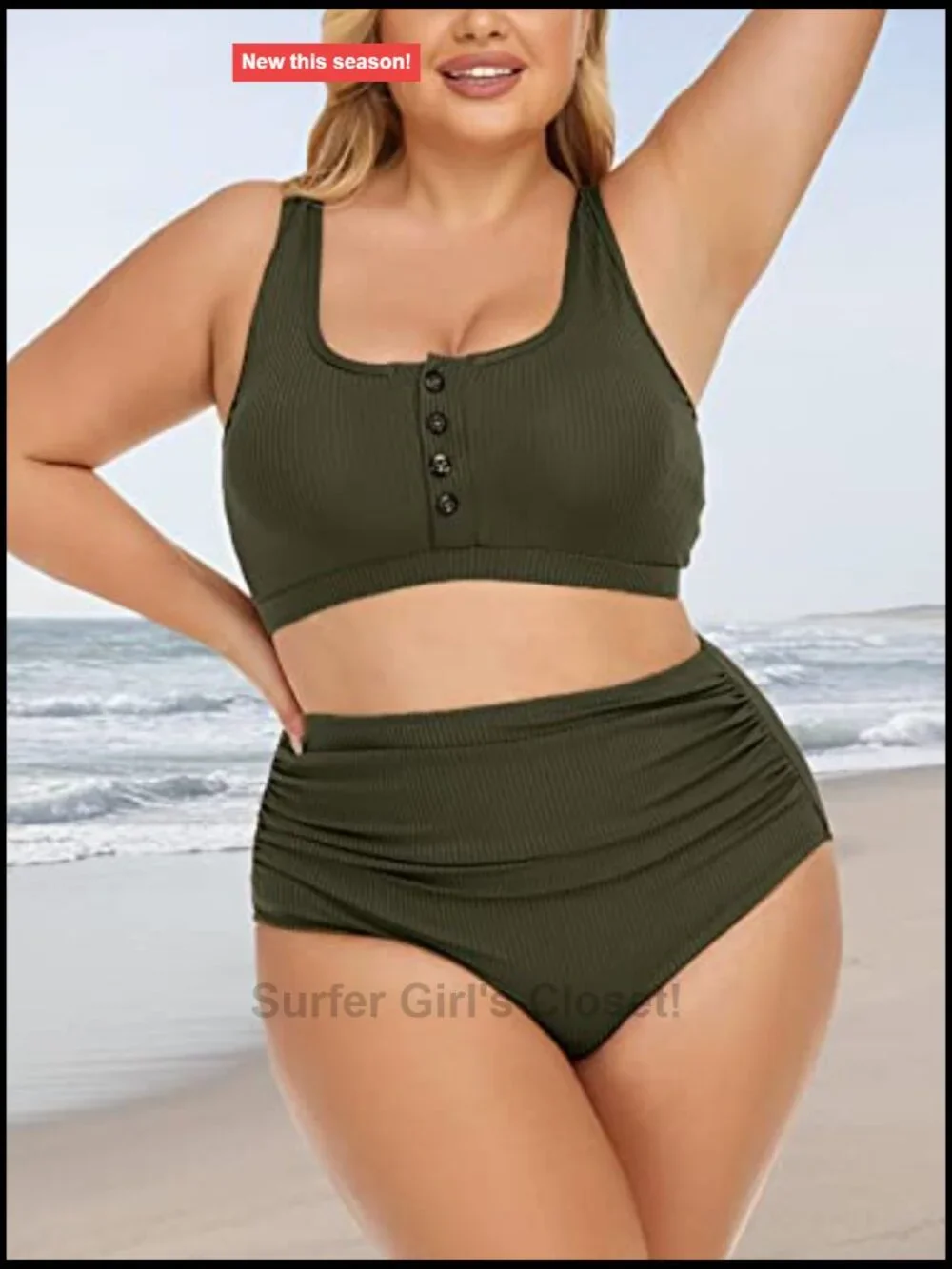 Plus Size Women Ribbed Bikini Set High Waist Tummy Control Scoop Top Swimwear